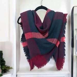 Plaid Wool Blanket Scarf in vivid pink-red and navy